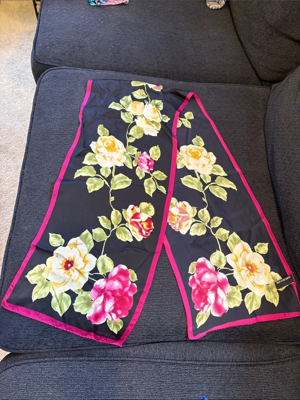 Jones New York Black Floral Silk Scarf with Pink Trim